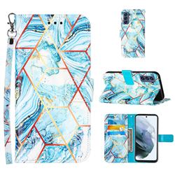 Lake Blue Stitching Color Marble Leather Wallet Case for Samsung Galaxy S21 FE
