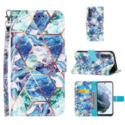 Green and Blue Stitching Color Marble Leather Wallet Case for Samsung Galaxy S21 FE