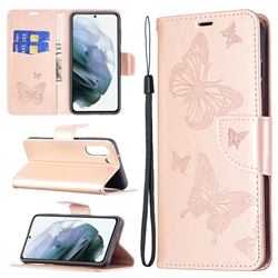 Embossing Double Butterfly Leather Wallet Case for Samsung Galaxy S21 FE - Rose Gold