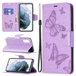 Embossing Double Butterfly Leather Wallet Case for Samsung Galaxy S21 FE - Purple