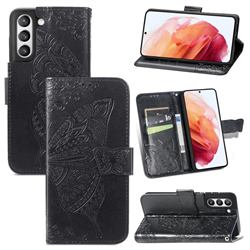 Embossing Mandala Flower Butterfly Leather Wallet Case for Samsung Galaxy S21 FE - Black