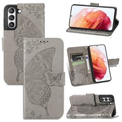 Embossing Mandala Flower Butterfly Leather Wallet Case for Samsung Galaxy S21 FE - Gray