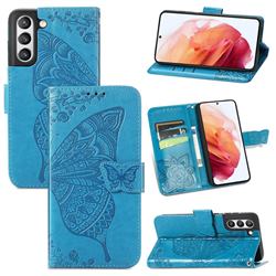 Embossing Mandala Flower Butterfly Leather Wallet Case for Samsung Galaxy S21 FE - Blue