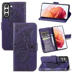 Embossing Mandala Flower Butterfly Leather Wallet Case for Samsung Galaxy S21 FE - Dark Purple