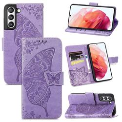 Embossing Mandala Flower Butterfly Leather Wallet Case for Samsung Galaxy S21 FE - Light Purple