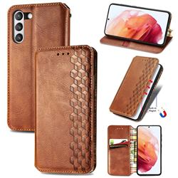 Ultra Slim Fashion Business Card Magnetic Automatic Suction Leather Flip Cover for Samsung Galaxy S21 FE - Brown