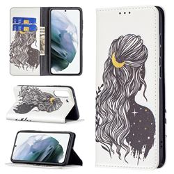 Girl with Long Hair Slim Magnetic Attraction Wallet Flip Cover for Samsung Galaxy S21 FE