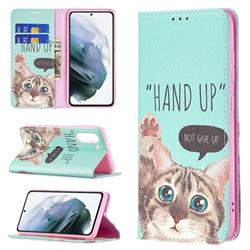 Hand Up Cat Slim Magnetic Attraction Wallet Flip Cover for Samsung Galaxy S21 FE