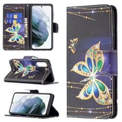 Golden Shining Butterfly Leather Wallet Case for Samsung Galaxy S21 FE