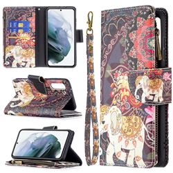 Totem Flower Elephant Binfen Color BF03 Retro Zipper Leather Wallet Phone Case for Samsung Galaxy S21 FE