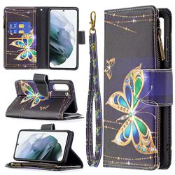 Golden Shining Butterfly Binfen Color BF03 Retro Zipper Leather Wallet Phone Case for Samsung Galaxy S21 FE