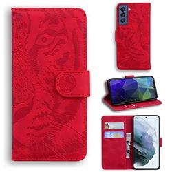 Intricate Embossing Tiger Face Leather Wallet Case for Samsung Galaxy S21 FE - Red