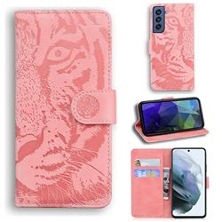 Intricate Embossing Tiger Face Leather Wallet Case for Samsung Galaxy S21 FE - Pink