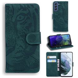 Intricate Embossing Tiger Face Leather Wallet Case for Samsung Galaxy S21 FE - Green
