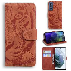 Intricate Embossing Tiger Face Leather Wallet Case for Samsung Galaxy S21 FE - Brown