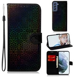 Laser Circle Shining Leather Wallet Phone Case for Samsung Galaxy S21 FE - Black