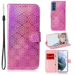 Laser Circle Shining Leather Wallet Phone Case for Samsung Galaxy S21 FE - Pink