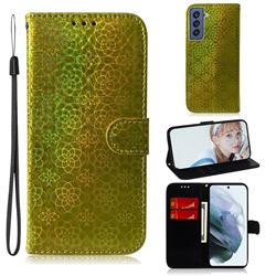 Laser Circle Shining Leather Wallet Phone Case for Samsung Galaxy S21 FE - Golden