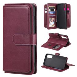 Multi-function Ten Card Slots and Photo Frame PU Leather Wallet Phone Case Cover for Samsung Galaxy S21 FE - Claret