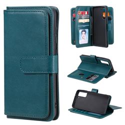 Multi-function Ten Card Slots and Photo Frame PU Leather Wallet Phone Case Cover for Samsung Galaxy S21 FE - Dark Green