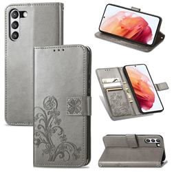 Embossing Imprint Four-Leaf Clover Leather Wallet Case for Samsung Galaxy S21 FE - Grey