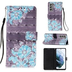 Blue Flower 3D Painted Leather Wallet Case for Samsung Galaxy S21 FE