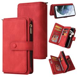 Luxury Multi-functional Zipper Wallet Leather Phone Case Cover for Samsung Galaxy S21 FE - Red