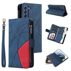 Luxury Two-color Stitching Multi-function Zipper Leather Wallet Case Cover for Samsung Galaxy S21 FE - Blue
