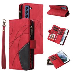 Luxury Two-color Stitching Multi-function Zipper Leather Wallet Case Cover for Samsung Galaxy S21 FE - Red