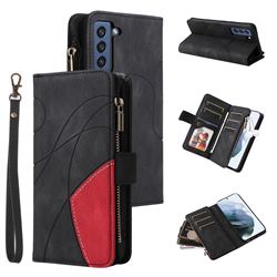 Luxury Two-color Stitching Multi-function Zipper Leather Wallet Case Cover for Samsung Galaxy S21 FE - Black