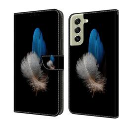 White Blue Feathers Crystal PU Leather Protective Wallet Case Cover for Samsung Galaxy S21 FE