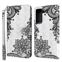 Black Lace Flower 3D Painted Leather Wallet Case for Samsung Galaxy S21 Plus / S30 Plus