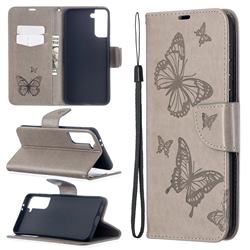Embossing Double Butterfly Leather Wallet Case for Samsung Galaxy S21 Plus / S30 Plus - Gray