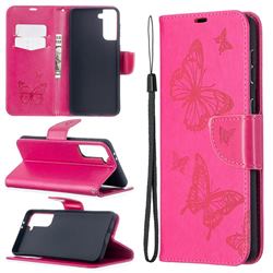 Embossing Double Butterfly Leather Wallet Case for Samsung Galaxy S21 Plus / S30 Plus - Red