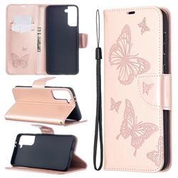 Embossing Double Butterfly Leather Wallet Case for Samsung Galaxy S21 Plus / S30 Plus - Rose Gold