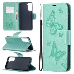 Embossing Double Butterfly Leather Wallet Case for Samsung Galaxy S21 Plus / S30 Plus - Green