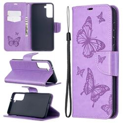 Embossing Double Butterfly Leather Wallet Case for Samsung Galaxy S21 Plus / S30 Plus - Purple