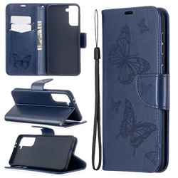 Embossing Double Butterfly Leather Wallet Case for Samsung Galaxy S21 Plus / S30 Plus - Dark Blue