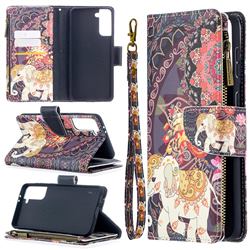 Totem Flower Elephant Binfen Color BF03 Retro Zipper Leather Wallet Phone Case for Samsung Galaxy S21 Plus / S30 Plus