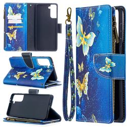 Golden Butterflies Binfen Color BF03 Retro Zipper Leather Wallet Phone Case for Samsung Galaxy S21 Plus / S30 Plus