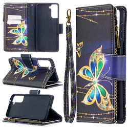 Golden Shining Butterfly Binfen Color BF03 Retro Zipper Leather Wallet Phone Case for Samsung Galaxy S21 Plus / S30 Plus