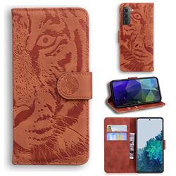 Intricate Embossing Tiger Face Leather Wallet Case for Samsung Galaxy S21 Plus / S30 Plus - Brown
