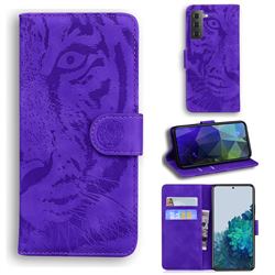 Intricate Embossing Tiger Face Leather Wallet Case for Samsung Galaxy S21 Plus / S30 Plus - Purple