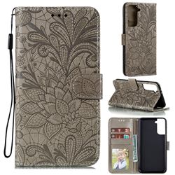 Intricate Embossing Lace Jasmine Flower Leather Wallet Case for Samsung Galaxy S21 Plus / S30 Plus - Gray