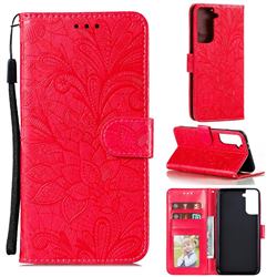 Intricate Embossing Lace Jasmine Flower Leather Wallet Case for Samsung Galaxy S21 Plus / S30 Plus - Red