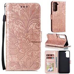 Intricate Embossing Lace Jasmine Flower Leather Wallet Case for Samsung Galaxy S21 Plus / S30 Plus - Rose Gold