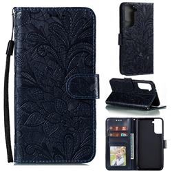 Intricate Embossing Lace Jasmine Flower Leather Wallet Case for Samsung Galaxy S21 Plus / S30 Plus - Dark Blue
