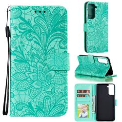 Intricate Embossing Lace Jasmine Flower Leather Wallet Case for Samsung Galaxy S21 Plus / S30 Plus - Green