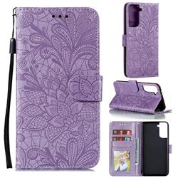 Intricate Embossing Lace Jasmine Flower Leather Wallet Case for Samsung Galaxy S21 Plus / S30 Plus - Purple