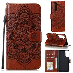 Intricate Embossing Datura Solar Leather Wallet Case for Samsung Galaxy S21 Plus / S30 Plus - Brown